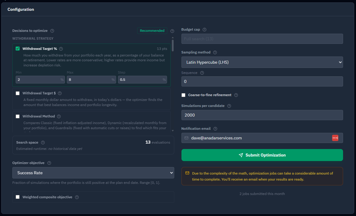 The Optimizer tab with a Social Security claiming-age dimension added and an objective selected, ready to run.