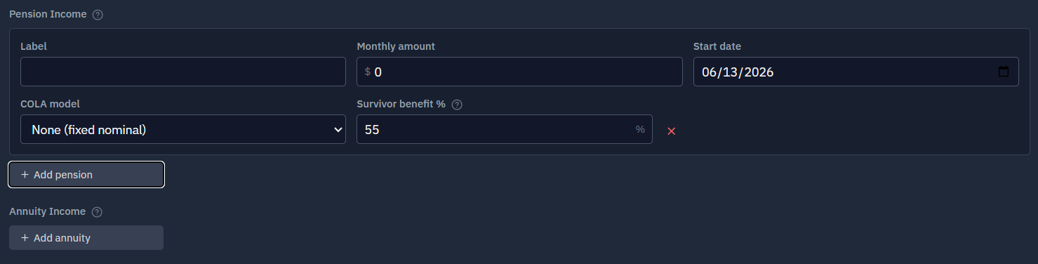 A pension and annuity set up in RetireRange, showing monthly amount, start date, COLA, and survivor-percentage fields.