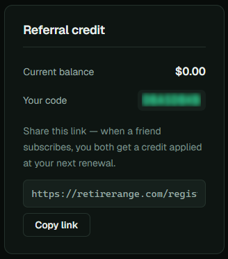 The account page showing your personal referral link and current credit balance.