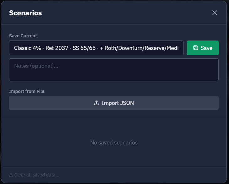 Saving a named scenario in RetireRange — naming a plan and saving it for comparison.