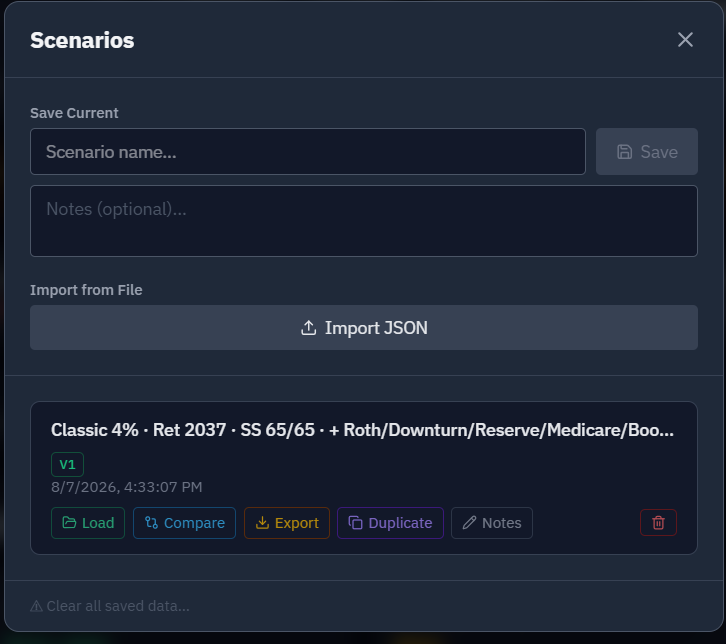 The saved-scenarios list, with an older scenario flagged stale after the baseline was updated.