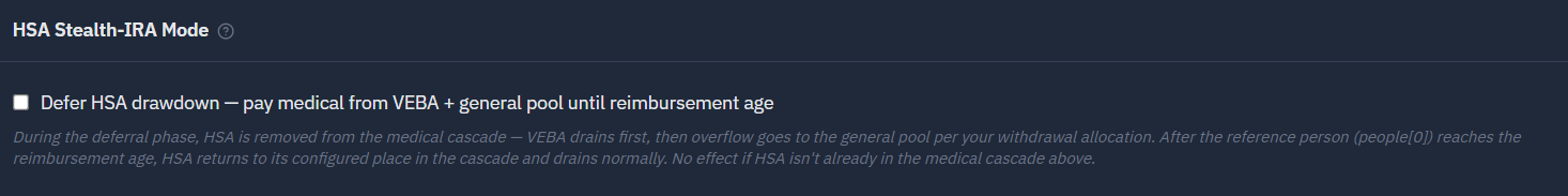 The HSA stealth-IRA option on the Strategy tab, with the toggle on and the defer-until age set.